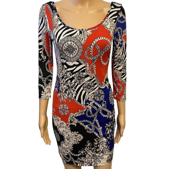 Forever 21 Bodycon Dress Mini Women Junior M Red Blue Multimedia Art 3/4Sleeve - Picture 1 of 8